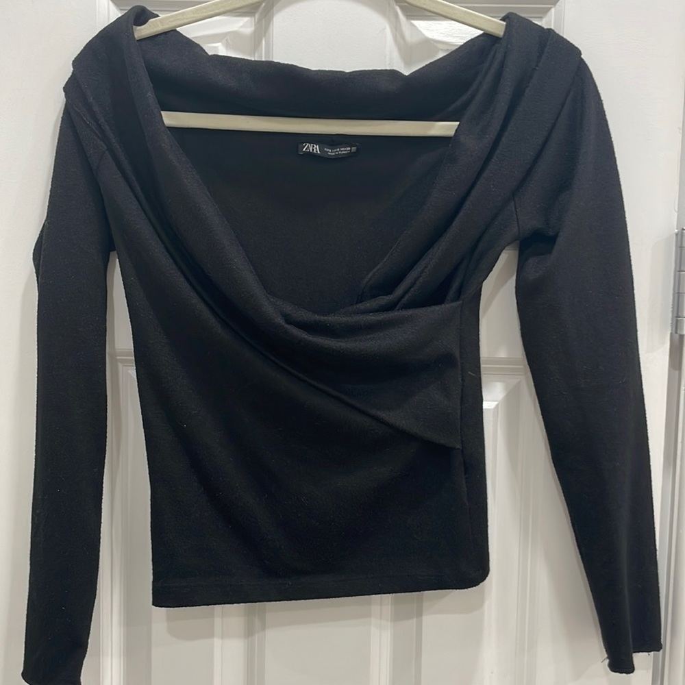 Zara Black Wrap Off Shoulder Sweater Blouse